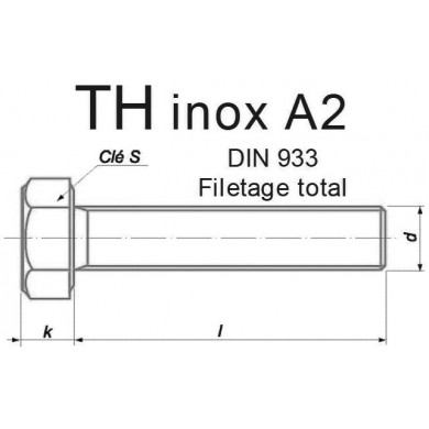 VIS TÊTE H INOX A2 DIN933 FILETAGE TOTAL INOXYDABLE