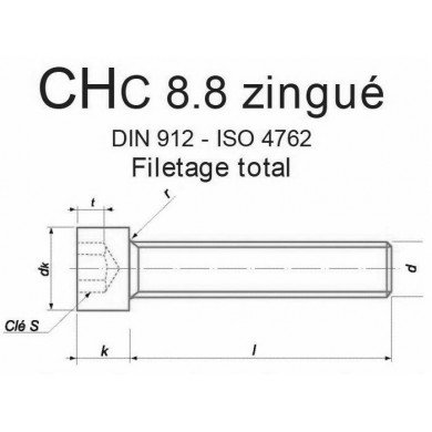 VIS CHC DIN912 ISO 4762 ACIER ZINGUÉ CL. 8.8 FIL. TOTAL