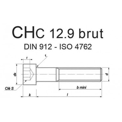 VIS CHC DIN 912 ISO 4762 ACIER BRUT CL.12.9 FIL. PARTIEL (M1,6 à M14)