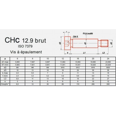 VIS CHC À ÉPAULEMENT ISO 7379 BRUT CL. 12.9 FIL. PARTIEL
