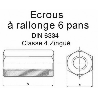 ÉCROU RALLONGE ACIER ZINGUÉ CLASSE 4.8 DIN 6334 M6 À M20