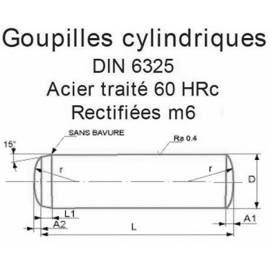 GOUPILLE CYLINDRIQUE DIN 6325 ACIER TRAITÉ 60 HRC RECTIFIÉ M6