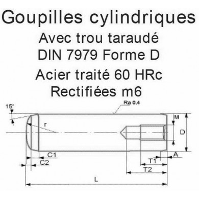 GOUPILLE CYLINDRIQUE TARAUDÉ ACIER TRAITÉ 60 HRC DIN 7979
