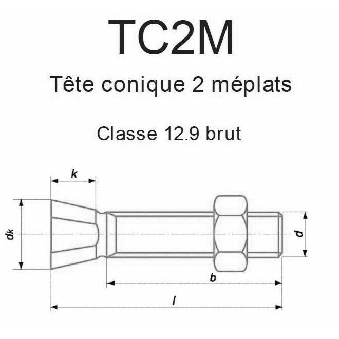 BOULON T. CONIQUE FRAISÉE 2 MÉPLATS ACIER BRUT CL. 12.9