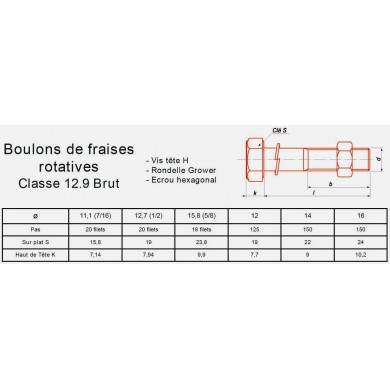 BOULON FRAISE ROTATIVE AGRICOLE CLASSE 12.9 ACIER BRUT