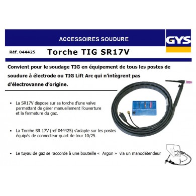 TORCHE TIG SR17V VALVE REFROIDISSEMENT AIR 4 M CONNEXION 10/25 GYS