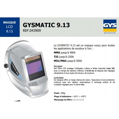 MASQUE LCD GYSMATIC 9/13 G CAGOULE DE SOUDEUR GYS QUALITÉ PRO